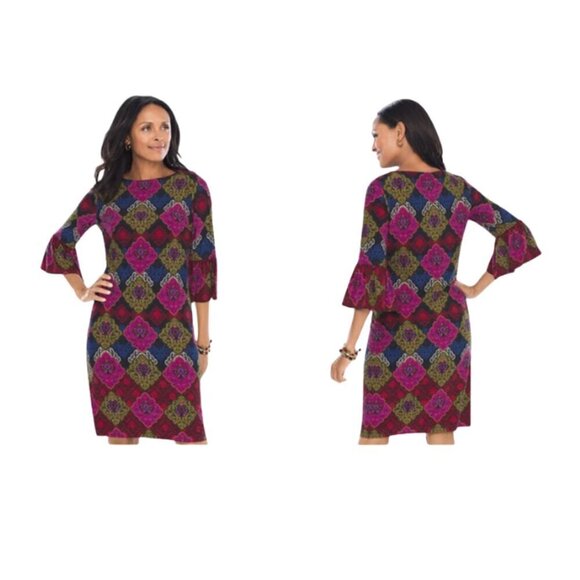 Chico's NWT medallion geometric print flare ruffle sleeve midi dress size L - Picture 1 of 6